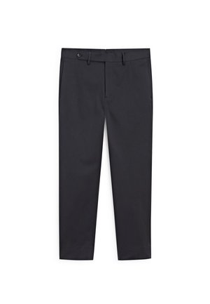 Pantaloni neri con una texture liscia, dotati di tasche frontali, design a gamba dritta e chiusura con un solo bottone in vita.