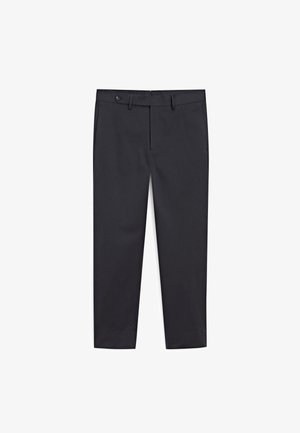 Schwarze Hose mit glatter Textur, ausgestattet mit Vordertaschen, einem geraden Beinschnitt und einem einzelnen Knopfverschluss an der Taille.