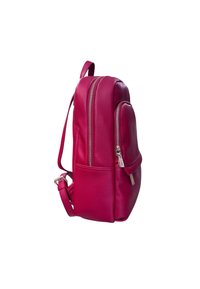 Zaino in pelle fucsia con due scomparti con zipper, una tasca frontale, cinturino regolabile e texture liscia.