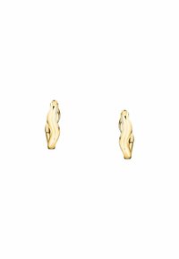 Orecchini color oro con un design ondulato e fluido, caratterizzati da una finitura liscia e lucida e da una chiusura sicura per un facile utilizzo.