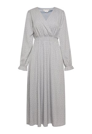 Langärmliges, Wickelkleid in Hellblau mit kleinem Blumenmuster. Verfügt über einen V-Ausschnitt, geraffte Taille und Rüschensaum. Glattes Material.