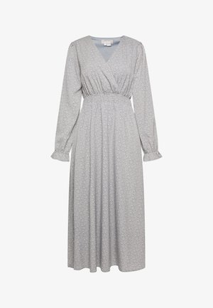 Langärmliges, Wickelkleid in Hellblau mit kleinem Blumenmuster. Verfügt über einen V-Ausschnitt, geraffte Taille und Rüschensaum. Glattes Material.