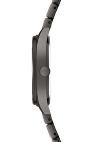 Schwarze Metallarmbanduhr mit rundem Gehäuse, flachem Mineralglas und einem Gliederarmband, das eine glatte Textur und subtile Details aufweist.