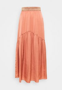 Lång, flödande kjol i mjukt korallfärgat satinmaterial. Har ett glittrande guldmidjeband och rynkade detaljer vid fållen för extra textur.