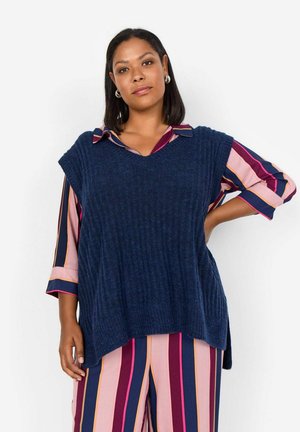 Pulover fără mâneci, din tricot cu model în dungi, de culoare bleumarin, cu decolteu în V, purtat peste o cămașă cu mânecă lungă în dungi roz, violet și bleumarin.