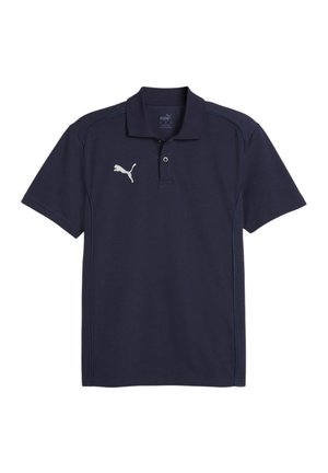 Navyblaues Poloshirt aus Baumwolle, mit einer Knopfleiste mit zwei Knöpfen, kurzen Ärmeln und einem weißen Puma-Logo auf der linken Brust.