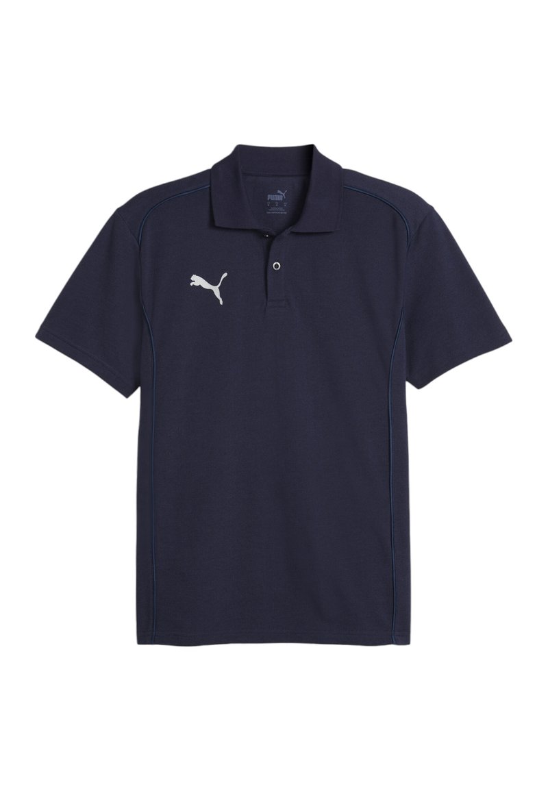 Marineblauwe polo gemaakt van katoen, met een knoopsluiting met twee knopen, korte mouwen en een wit Puma-logo op de linkerborst.