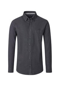 Langärmliges Button-up-Hemd aus dunkelgrauem Stoff, mit einer Brusttasche und gefüttertem Kragen, sowie grauen Knöpfen entlang der Knopfleiste.