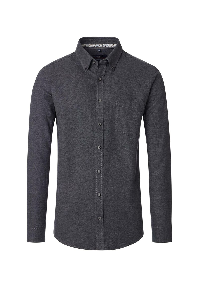 Langärmliges Button-up-Hemd aus dunkelgrauem Stoff, mit einer Brusttasche und gefüttertem Kragen, sowie grauen Knöpfen entlang der Knopfleiste.