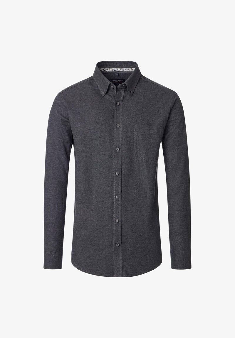 Langärmliges Button-up-Hemd aus dunkelgrauem Stoff, mit einer Brusttasche und gefüttertem Kragen, sowie grauen Knöpfen entlang der Knopfleiste.