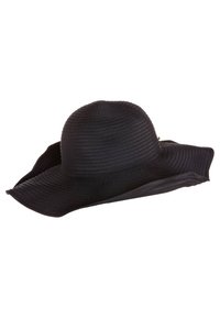 Cappello nero a tesa larga realizzato in tessuto strutturato, caratterizzato da un design a coste e una forma flessibile e morbida adatta per la protezione dal sole.