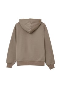 Felpa con cappuccio marrone dal taglio rilassato, con polsini e orlo a coste. Texture liscia con un design minimalista e senza loghi visibili.