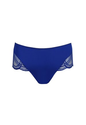 Blauw ondergoed met een gladde voorkant en een achterkant van kant met gebogen patronen. Het materiaal lijkt zacht, met een naadloze afwerking en delicate randen.