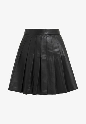 Falda de cuero negro con un diseño plisado y una cintura ajustada. La textura es suave, mostrando el brillo natural del material.