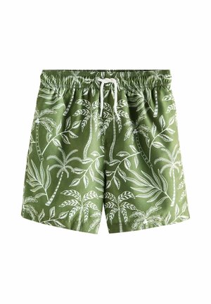 Grüne Badeshorts mit weißen Palmen- und Blattmustern, elastischem Bund und weißem Kordelzug vorne.