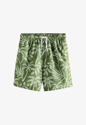 Pantaloni scurți de baie verzi cu modele albe de palmieri și frunze, talie elastică și șnur alb în față.