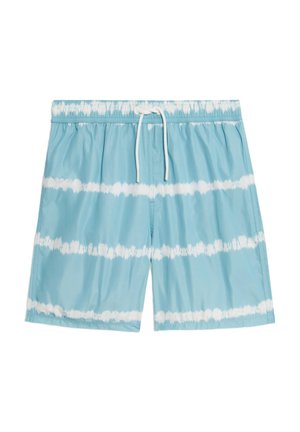 Costumi da bagno blu con strisce bianche a tie-dye, vita elastica e cordino regolabile. Tessuto morbido e leggero, lunghezza a metà coscia.