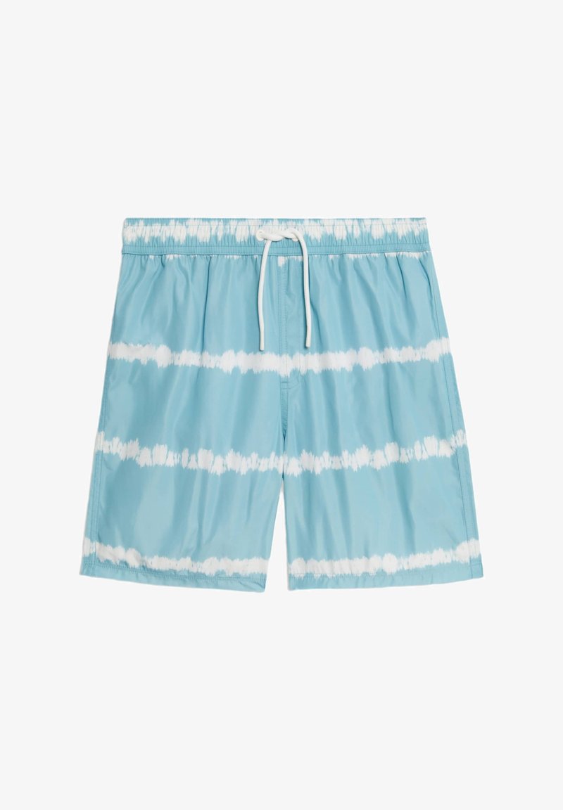 Costumi da bagno blu con strisce bianche a tie-dye, vita elastica e cordino regolabile. Tessuto morbido e leggero, lunghezza a metà coscia.
