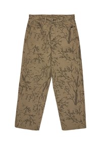Pantalon en coton de couleur beige, ornés d'un motif de branches d'arbre brun foncé. Conception à jambes droites avec poches avant et fermeture à bouton.