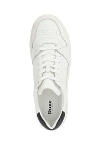 White leather sneaker with perforated toe, flat white laces, black heel accent, and branded insole. Features a rounded shape and textured finish.
