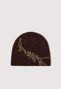 Beanie lavorato a maglia marrone con un design grafico beige a contrasto. Texture morbida con parte superiore arrotondata e orlo a coste, ideale per il calore.