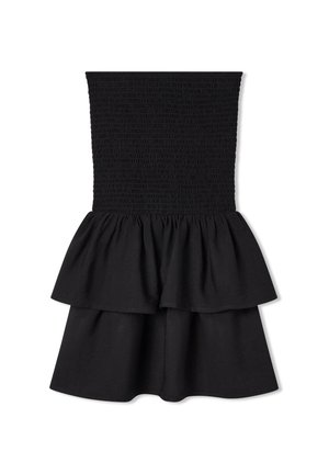 Abito nero con corpino arricciato e gonna a strati con volant. Il tessuto sembra leggero con una texture liscia e un design fluido.