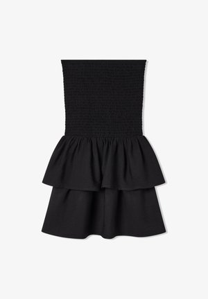 Abito nero con corpino arricciato e gonna a strati con volant. Il tessuto sembra leggero con una texture liscia e un design fluido.