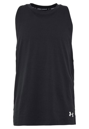 Débardeur de sport noir sans manches avec col rond et petit logo blanc Under Armour en bas à droite.