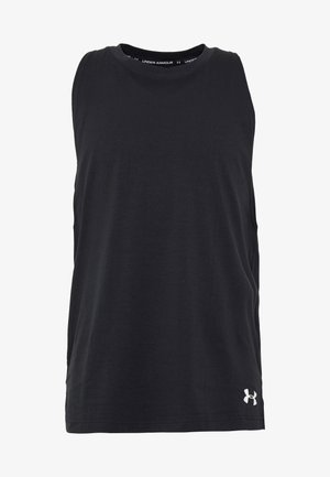 Débardeur de sport noir sans manches avec col rond et petit logo blanc Under Armour en bas à droite.