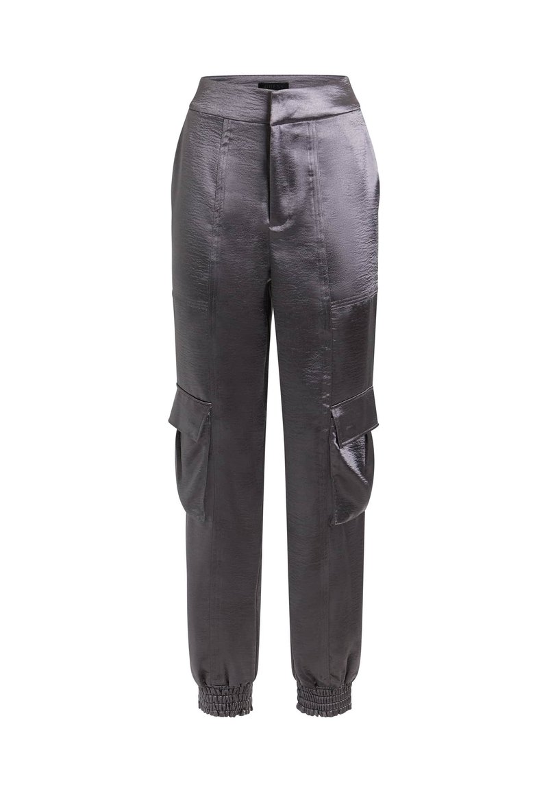 Pantalones cargo de tiro alto en gris oscuro brillante, con bolsillos con solapa en los muslos y puños elásticos fruncidos en los tobillos.