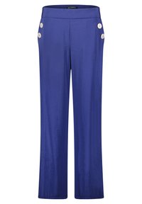 Blå vida byxor i slätt tyg, med ett platt midjeband och två stora knappar på framsidan.