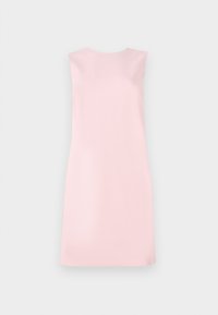 Sleeveless dress in soft pink fabric, featuring a simple A-line shape, round neckline, and smooth texture without patterns or embellishments.