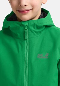 Groene waterdichte jas met een rits aan de voorkant, voorzien van een capuchon en een logo. Glad textuur met een eenvoudig ontwerp en contrasterende zwarte voering.