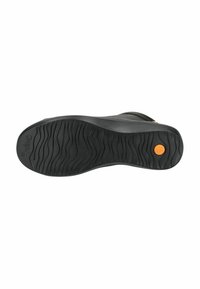 Suela de zapato de goma negra con patrón ondulado texturizado y acento circular naranja. Incluye logo de la marca y marcación de tamaño en el talón.