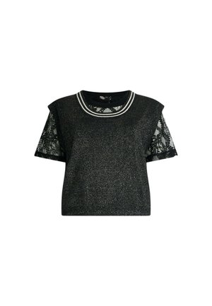 Top nero a maniche corte con finitura metallizzata, caratterizzato da dettagli in pizzo sulle maniche e un collo rotondo con un dettaglio a righe.