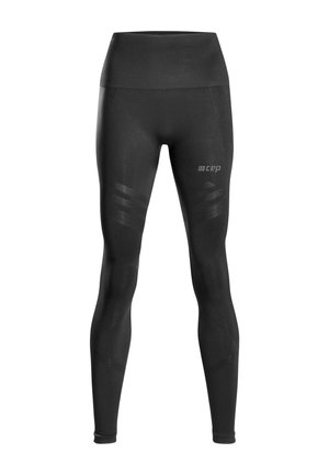 Black compression leggings with a high waistband, featuring textured patterns and cep logo in contrast color on the lower left side.