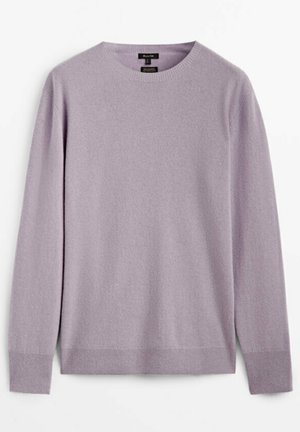 Pull à manches longues couleur lilas clair avec col rond, poignets et ourlet côtelés, présenté à plat sur un fond blanc.