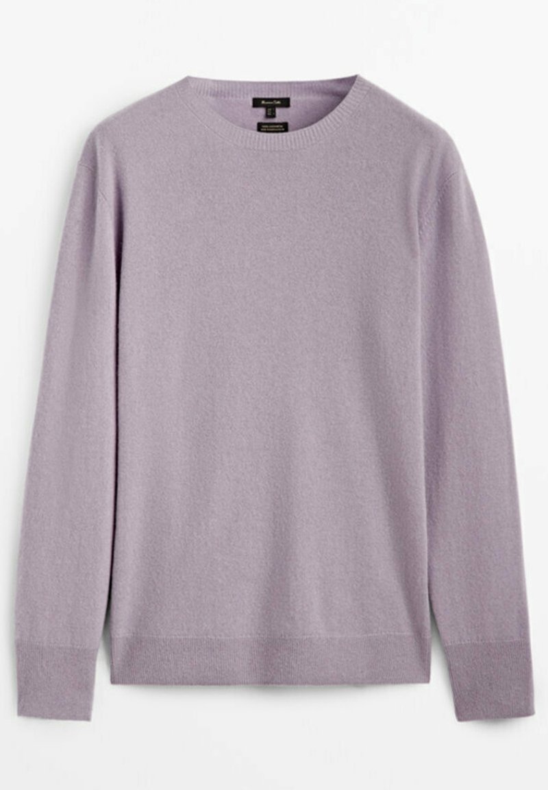 Pull à manches longues couleur lilas clair avec col rond, poignets et ourlet côtelés, présenté à plat sur un fond blanc.