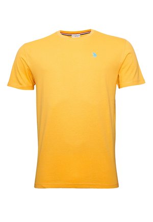 Short-sleeve t-shirt in bright yellow cotton, featuring a small blue logo on the chest and a crew neckline. Smooth texture, casual fit.