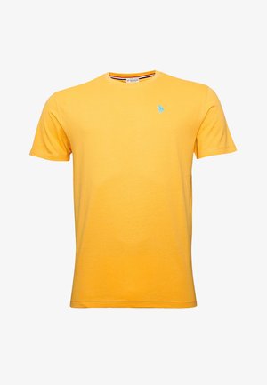 T-shirt a maniche corte in cotone giallo brillante, con un piccolo logo blu sul petto e collo giro. Tessuto liscio, vestibilità casual.