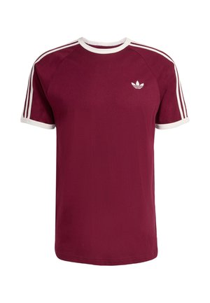 Burgundy short-sleeve t-shirt with white accents, classic crew neck, and three white stripes on each shoulder. Features a small logo on the chest.
