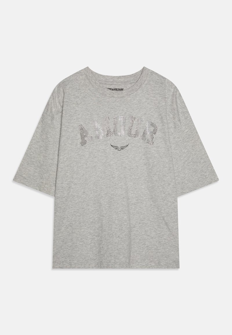 Szürke, rövid ujjú póló, puha pamutból készült, kerek nyakkivágással és "AMOUR" felirattal, amely strasszkövekkel van díszítve az elején.