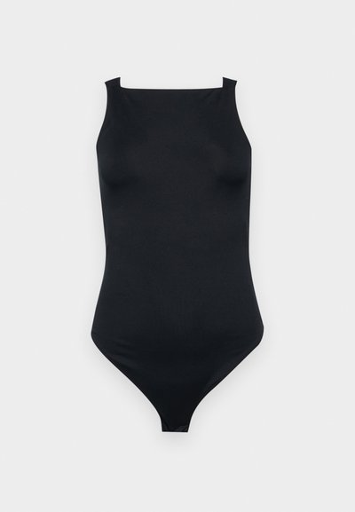 Juoda be rankovių bodis su kvadratiniu iškirpimu, lygiu paviršiumi ir priglausta siluetu su aukštai iškirptomis kojų angomis.