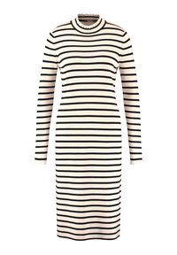 Robe à manches longues à rayures noires et blanches avec un col montant côtelé. Le tissu semble doux avec une silhouette ajustée.