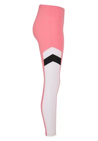 Rosa og hvite leggings med et svart chevronmønster på siden, laget av et elastisk materiale med en glatt tekstur.