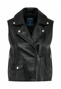Czarna skórzana kamizelka bez rękawów z wyciętym kołnierzykiem, zapinana na zamek z przodu, z bocznymi kieszeniami i srebrnymi akcentami. Gładka faktura i dopasowany krój.