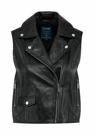 Czarna skórzana kamizelka bez rękawów z wyciętym kołnierzykiem, zapinana na zamek z przodu, z bocznymi kieszeniami i srebrnymi akcentami. Gładka faktura i dopasowany krój.