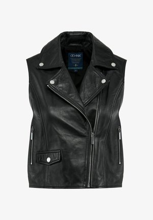 Czarna skórzana kamizelka bez rękawów z wyciętym kołnierzykiem, zapinana na zamek z przodu, z bocznymi kieszeniami i srebrnymi akcentami. Gładka faktura i dopasowany krój.