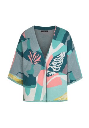 Short-sleeved cardigan featuring a V-neck, abstract pattern in teal, pink, and grey, with a loose fit and textured knit fabric.
