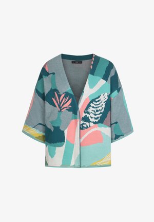 Īsām piedurknēm kardigāns ar V-veida kakla izgriezumu, abstraktu rakstu tirkīza, rozā un pelēkā krāsā, brīvā piegriezumā un teksturētā adījumā.